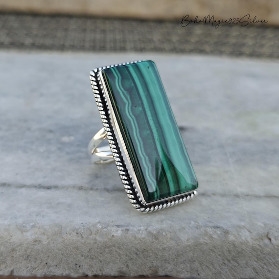 Handmade Malachite Sterling Silver Ring: Rectangle Gemstone Handmade Malachite Sterling Silver Ring: Rectangle Gemstone
