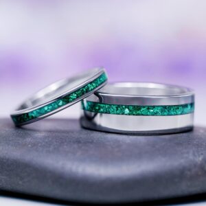 Natural Malachite Couples Ring Set- His And Hers Green Wedding Bands- Unique Durable Tungsten Carbide Matching Promise Rings For Him And Her