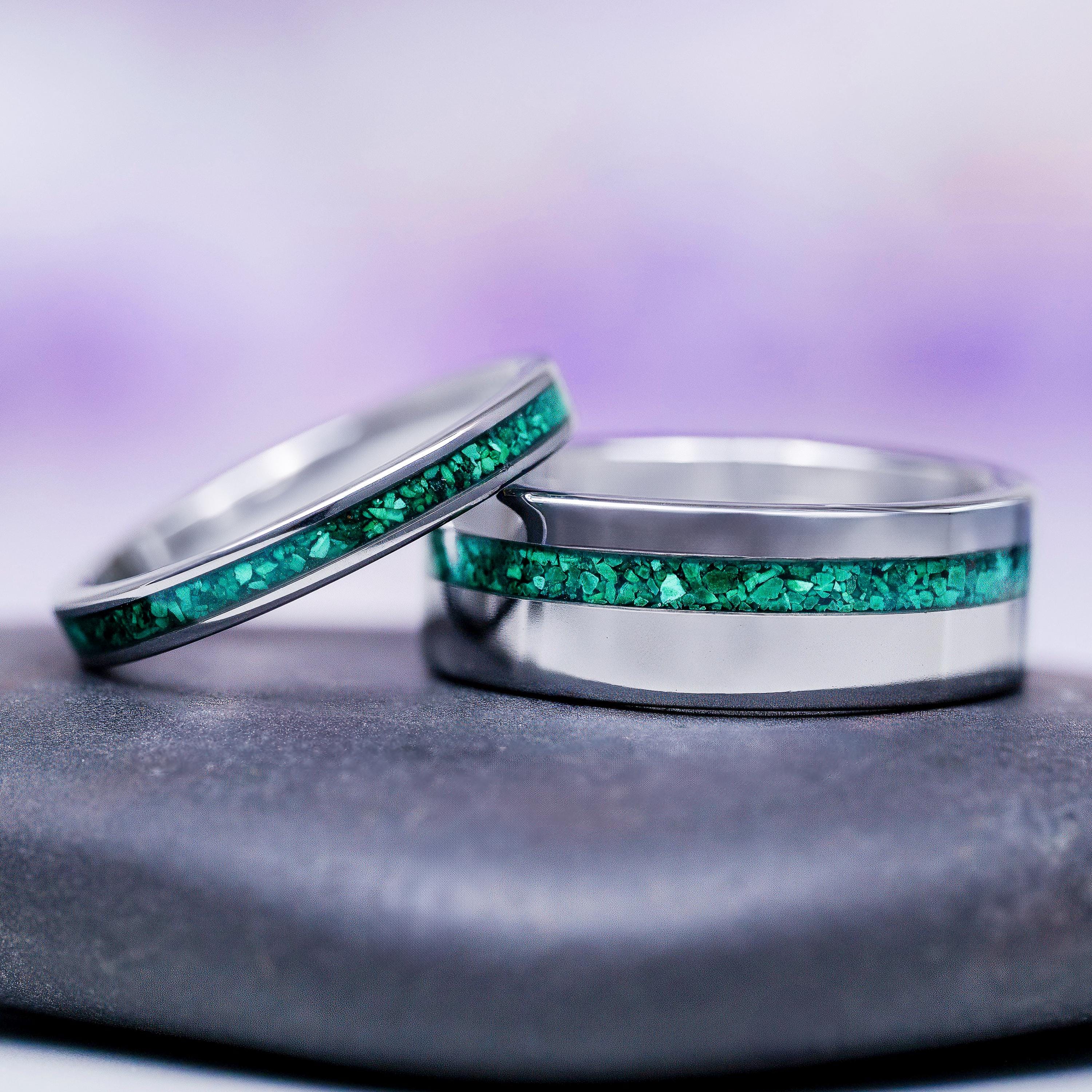 Natural Malachite Couples Ring Set- His And Hers Green Wedding Bands- Unique Durable Tungsten Carbide Matching Promise Rings For Him And Her Natural Malachite Couples Ring Set- His And Hers Green Wedding Bands- Unique Durable Tungsten Carbide Matching Promise Rings For Him And Her