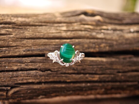 Natural Malachite Engagement Ring For Women 925 Silver Malachite Leaf Wedding Ring Art Deco Malachite Gemstone Floral Ring Anniversary Gift