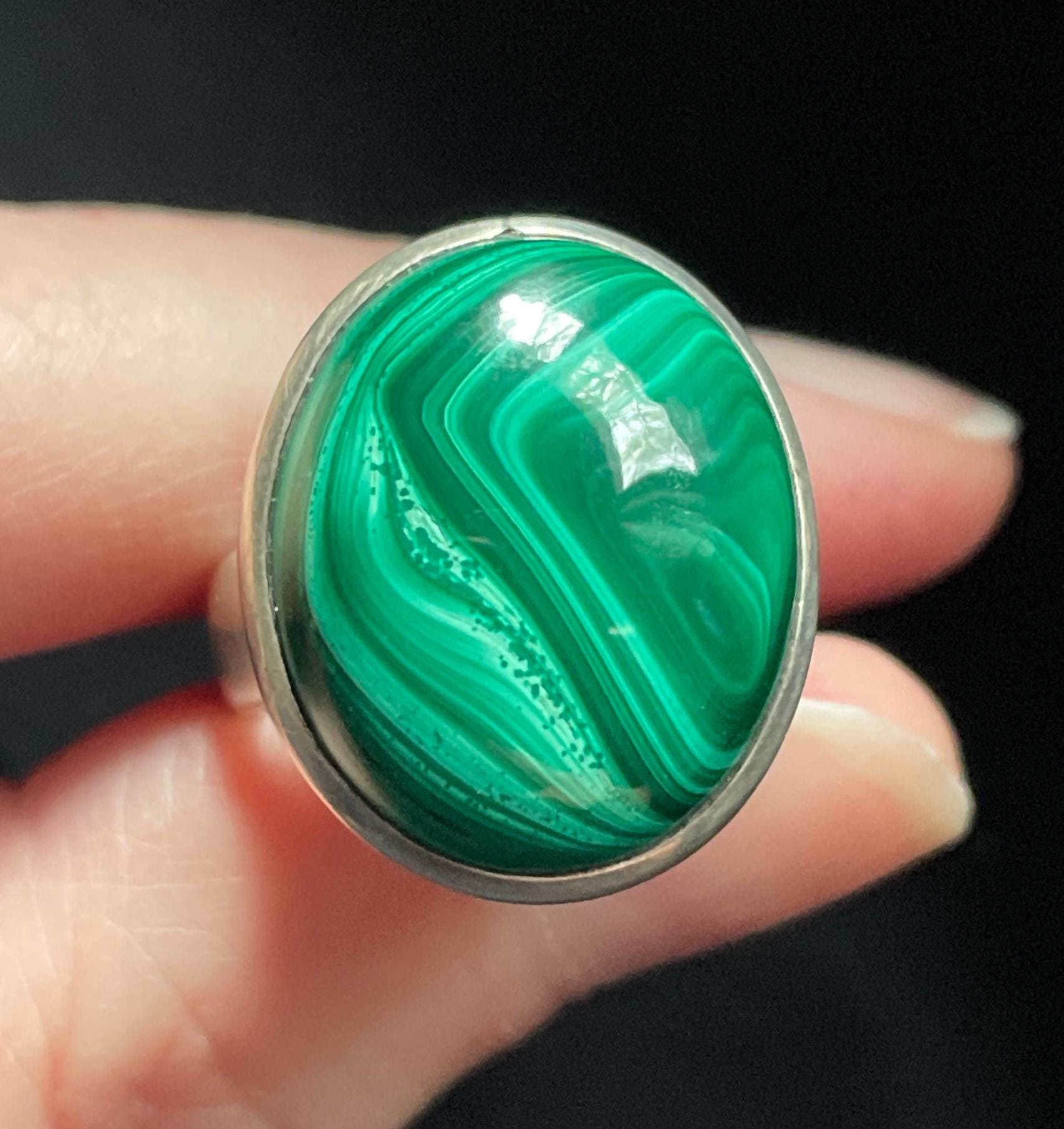 Natural Malachite Ring, Size 8.5 Usa, Handmade With Solid Sterling Silver, Dynamic Green Patterns - Beautiful Perfect Gift!