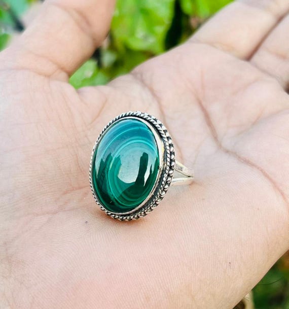 Oval Malachite Ring, 925 Sterling Silver, Designer Jewelry, Dainty Ring