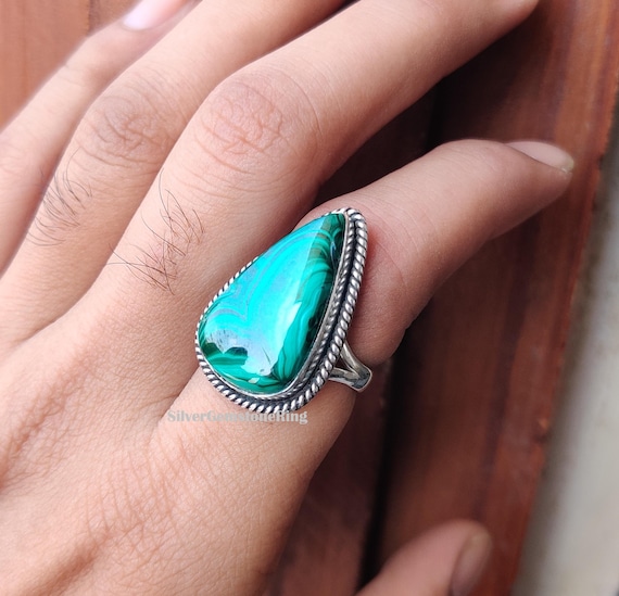 Pear Malachite Ring: Dainty 925 Sterling Silver Gemstone Ring Pear Malachite Ring: Dainty 925 Sterling Silver Gemstone Ring