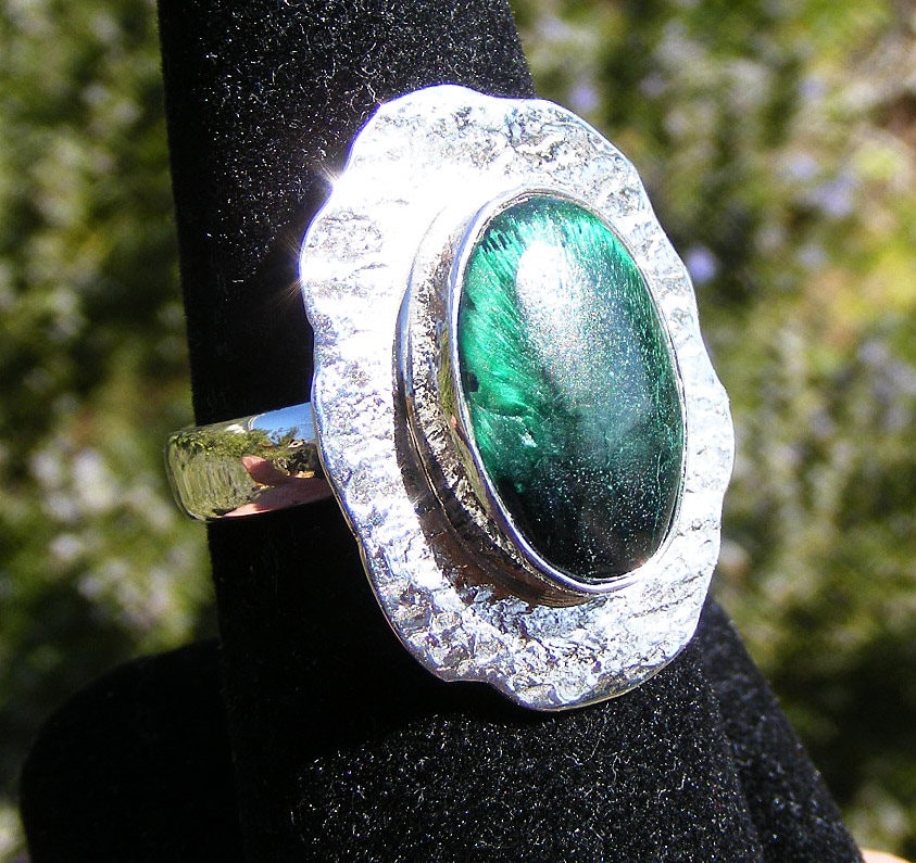 Malachite Ring, Rare, Arizona Chatoyant Malachite, From The Copper Mines, Bisbee, Arizona, Size 10, Sterling Silver