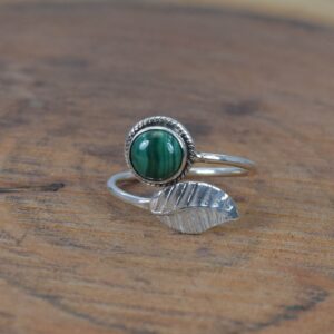 Malachite Sterling Silver Ring: Feather Style Adjustable Gemstone