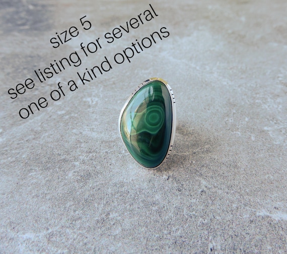 Malachite Ring Sterling Silver • Genuine Green Banded Malachite Rings • Green Gemstone Ring • Minimalist Solitaire Rings • For Crystal Lover
