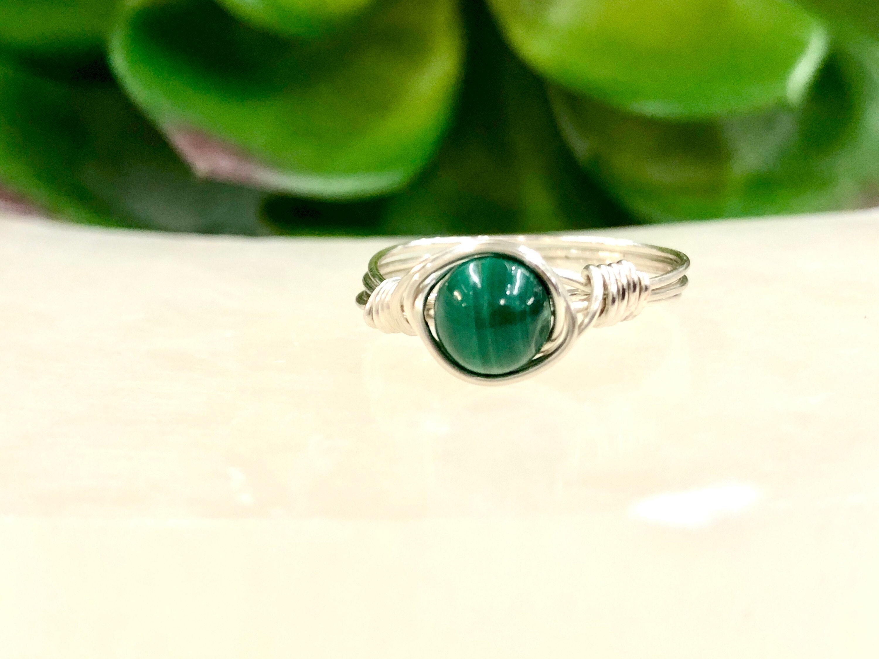 Malachite Wire-wrapped Ring - Dainty Malachite Ring - Heart Chakra Jewelry - Meditation Ring - Gemstone Ring - Dainty Stone Ring