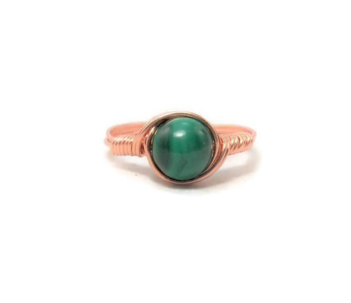 Malachite Wire Wrapped Ring In Copper Custom Sized
