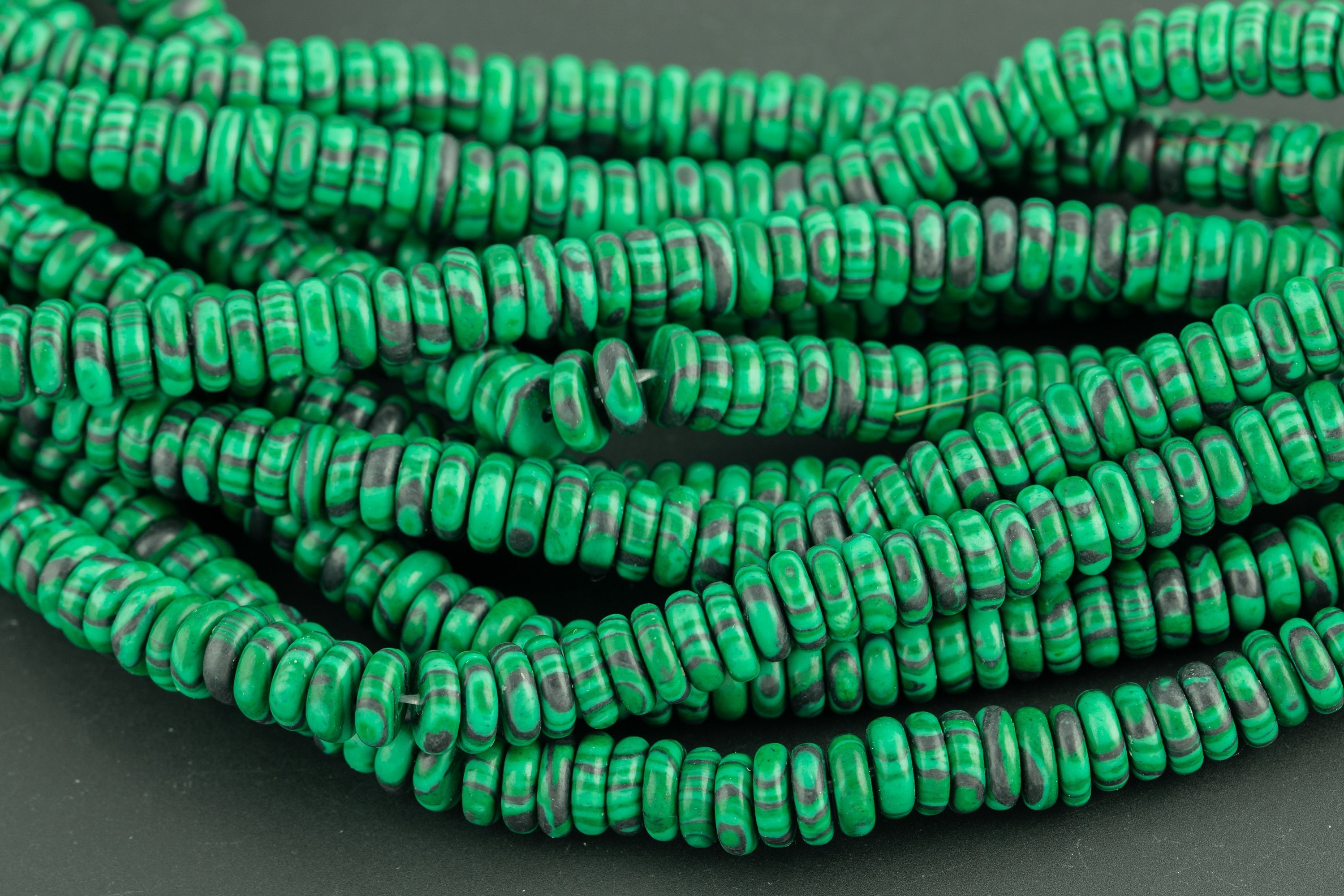 Reconstituted Malachite-   High Quality In Smooth Saucer Roundel, 2x6mm Flat Rondel 7.5 Inches Thin Roundel