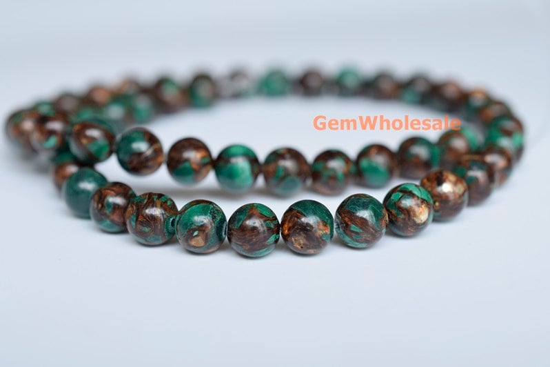 15.5" 6mm/8mm Malachite & Gold Copper Bornite Round Beads