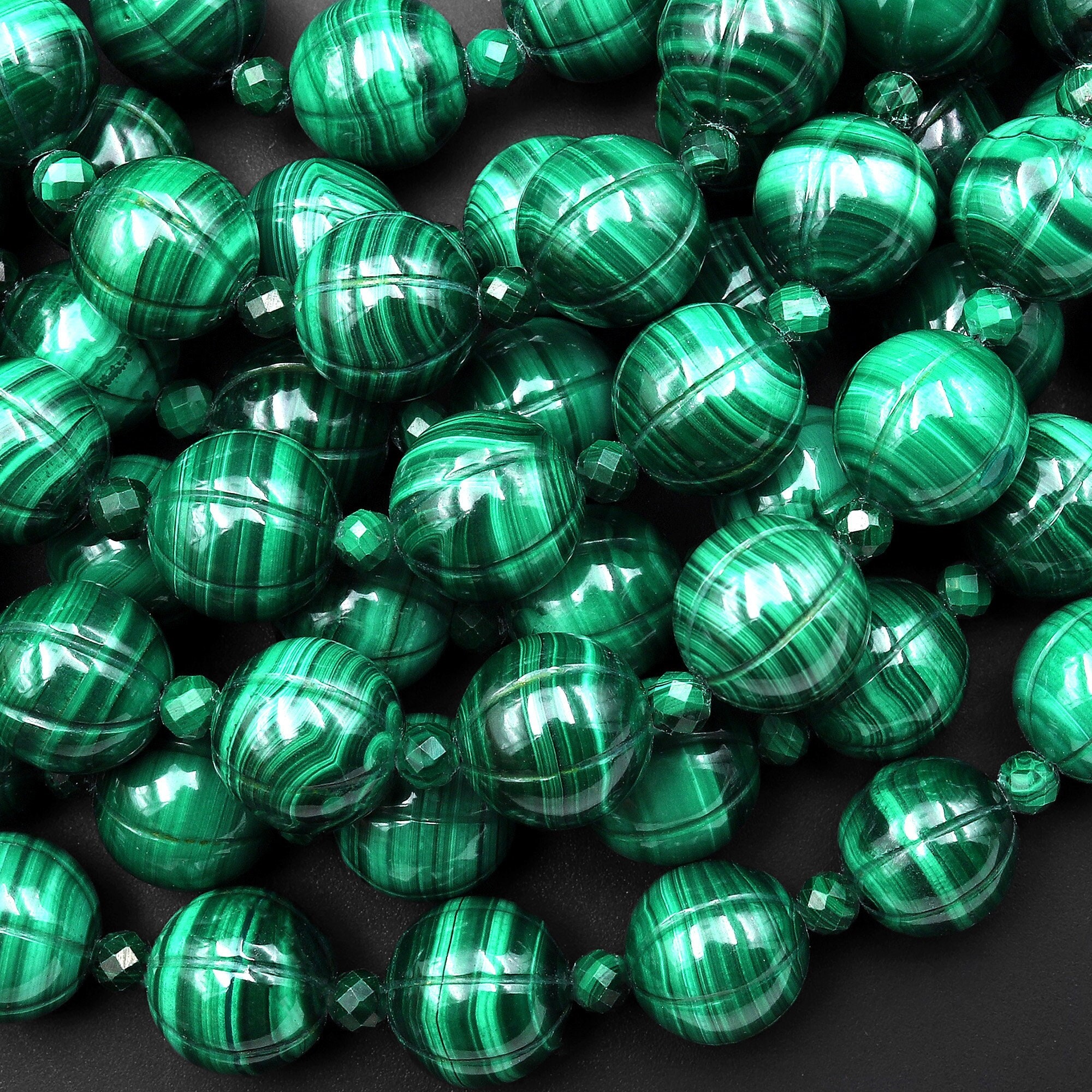 Aaa Hand Carved Natural Green Malachite 12mm Melon Round Beads Gemstone 15" Strand
