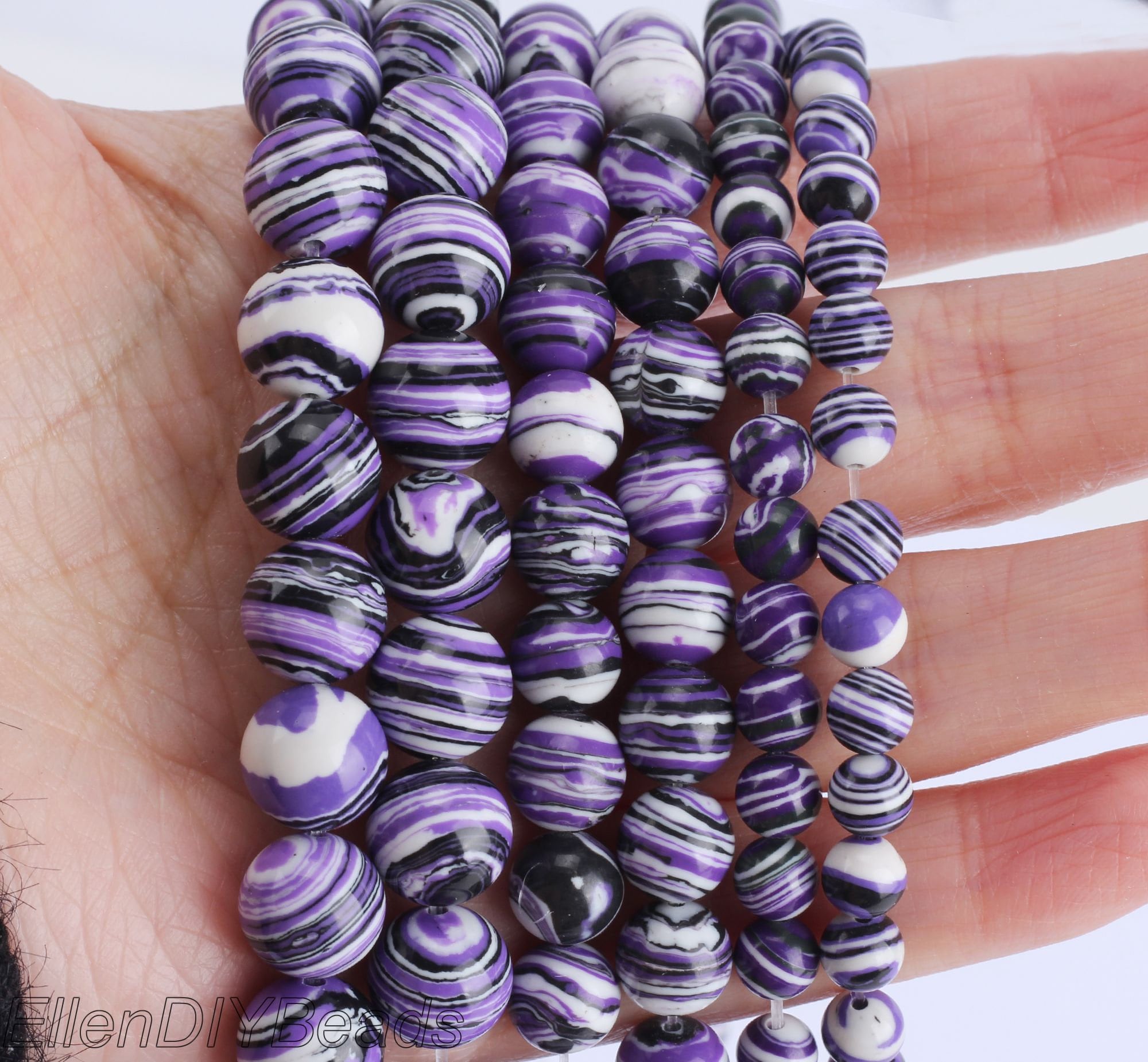 Purple Malachite Beads: Black White Stripe, Round Gemstone Strand