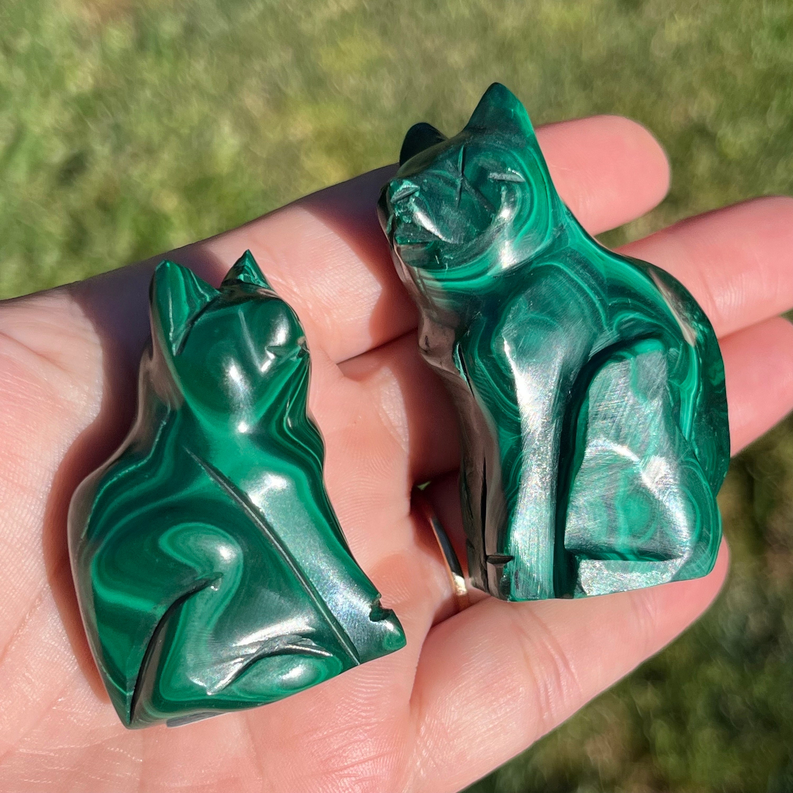 Malachite Cat Carving | Malachite Animal Carving | Cat Figurine | Crystal Cat