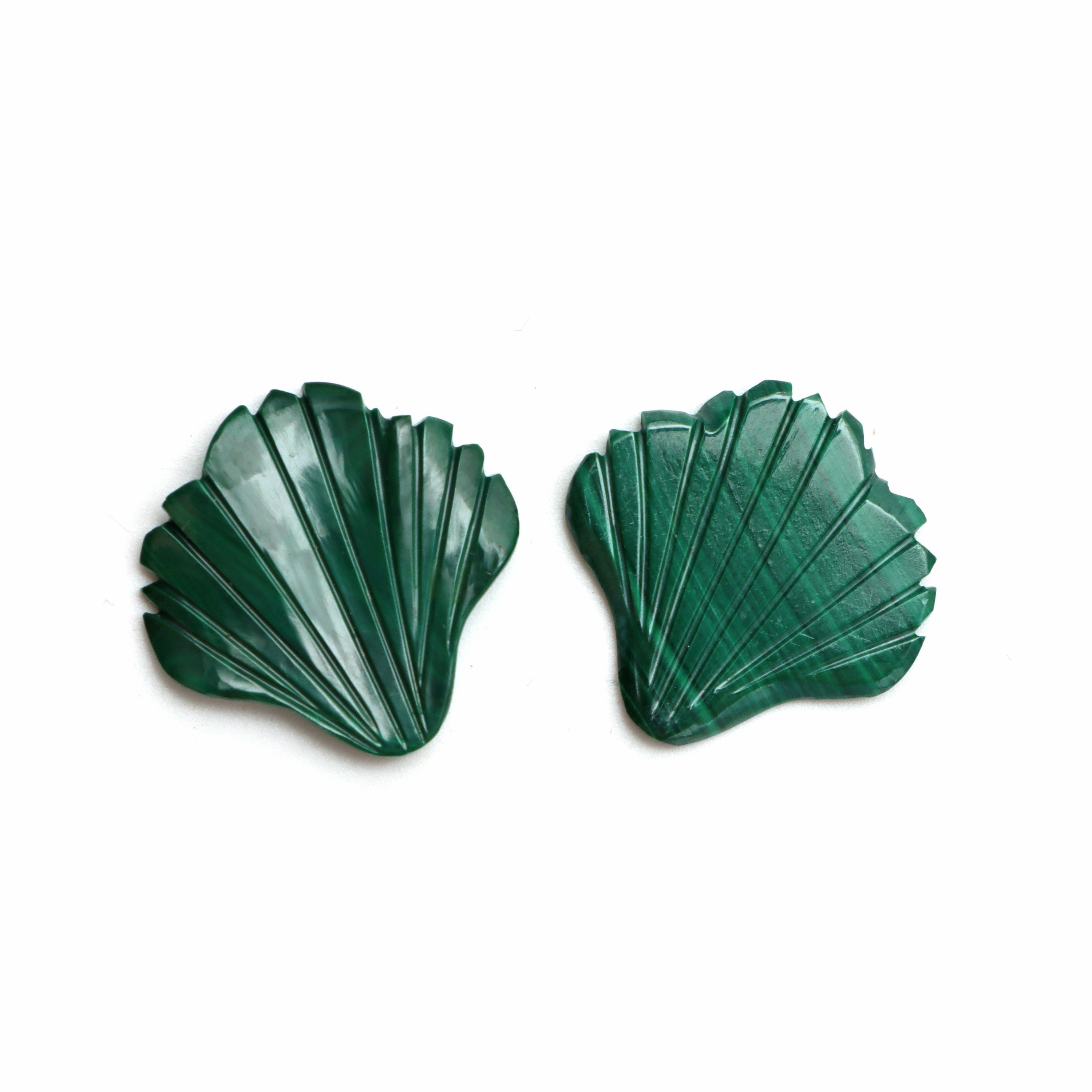 Natural Malachite Leaf Carving Loose Gemstone, 20x20 Mm, Malachite Carving Jewelry Making Gemstone, Pair ( 2 Pieces )