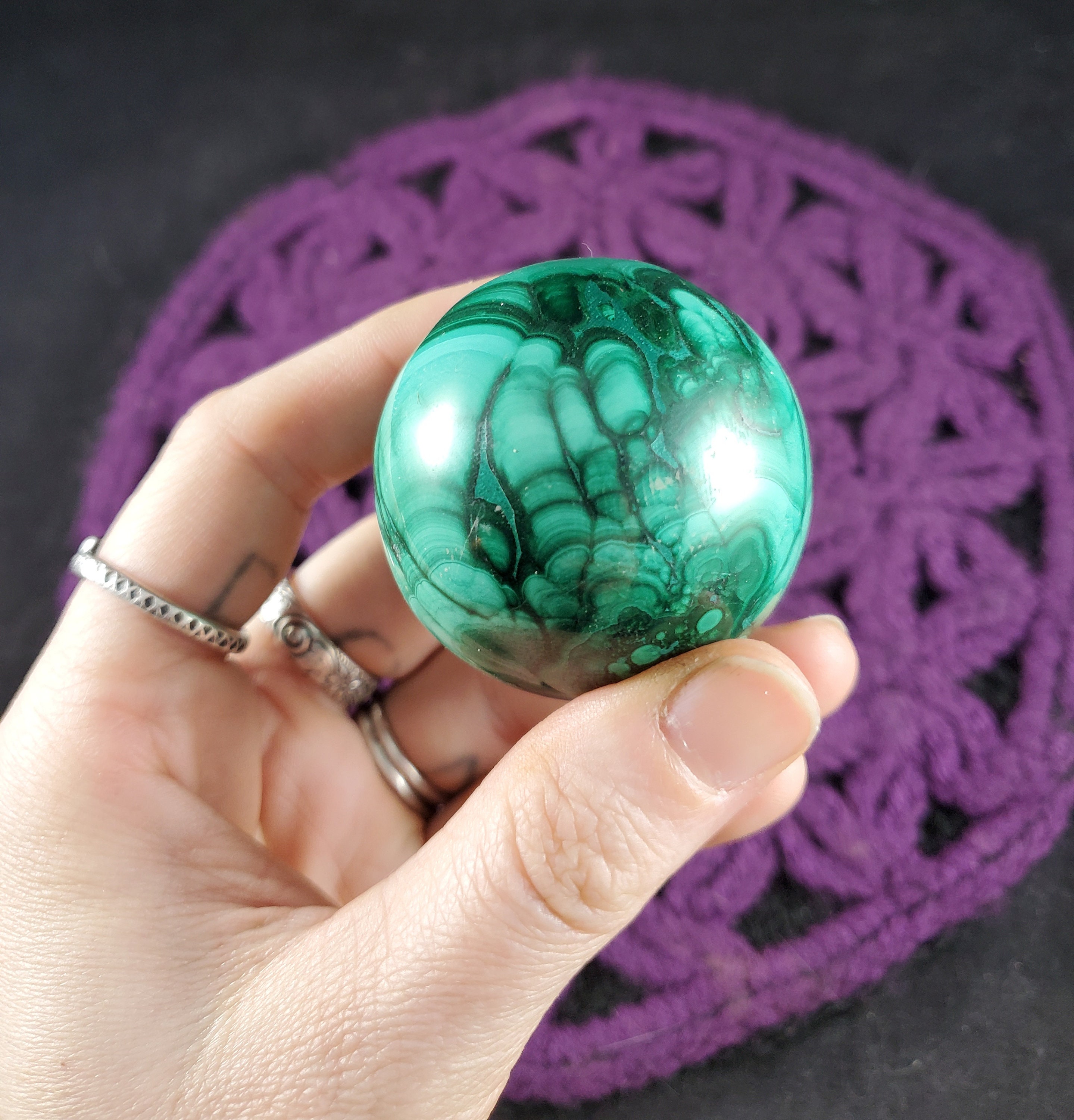 Malachite Sphere Crystal Ball 46mm Stones Carved Polished Striped Green Congo Africa Carving With Wood Stand Included
