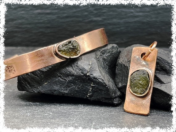 Matching Moldavite Jewelry Set | Copper Bangle & Pendant