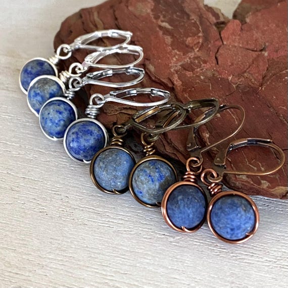 Matte Sunset Dumortierite Earrings: 8 Mm, Wire Wrapped, Dusty Blue, Nickel Free Matte Sunset Dumortierite Earrings: 8 Mm, Wire Wrapped, Dusty Blue, Nickel Free