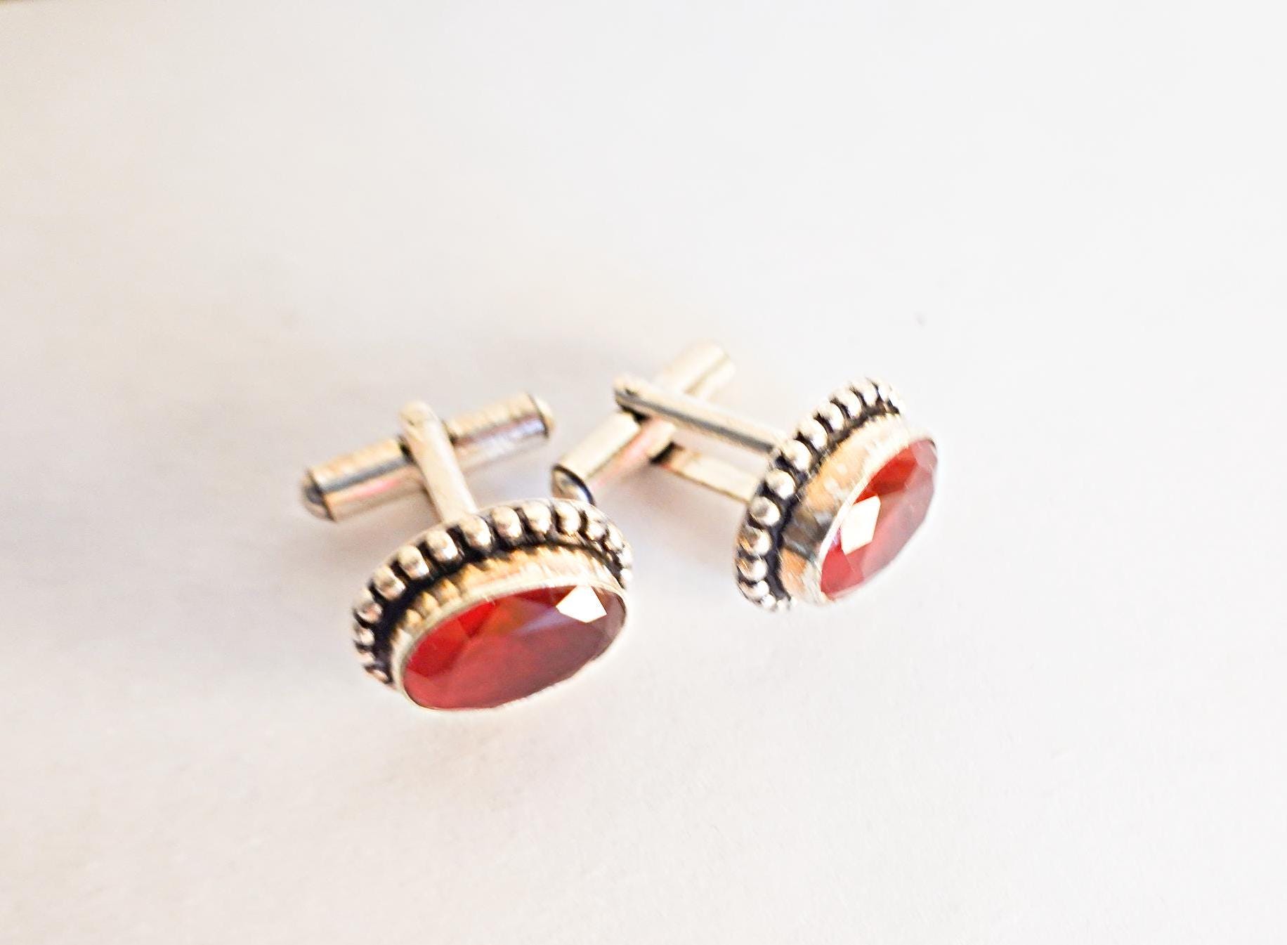 Mens Gift,  925 Sterling Silver Red Garnet Men's Cufflinks, Gemstone Cuff Links,  Mens Jewelry, Groom Gift, January Birthstone, Cufflinks