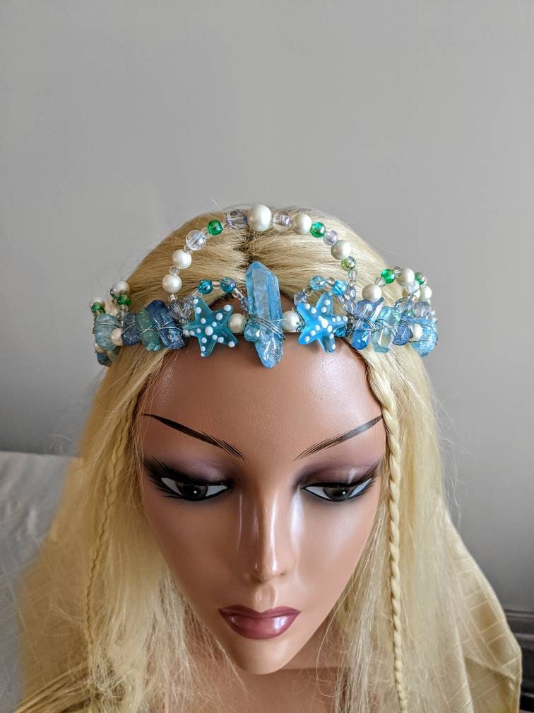 Mermaid Crystal Crown: Blue Aura Quartz Tiara With Starfish