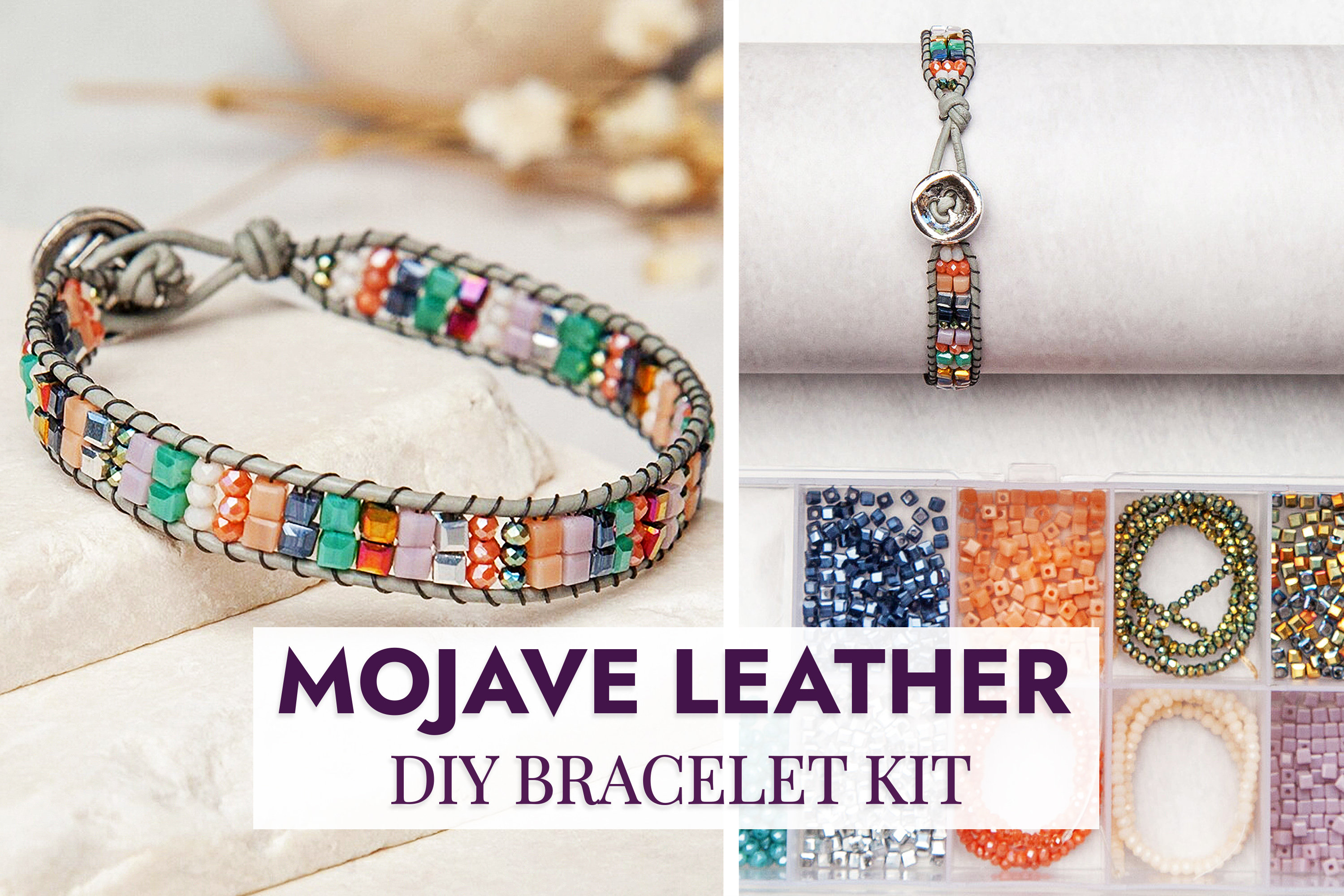 Mojave Leather Wrap Diy Bracelet Making Kit | Deluxe Diy Jewlery Kit | Peyote Bracelet Colorful Beaded Pattern | Leather Cord Bead Bracelet
