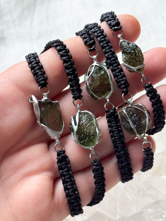 Genuine Moldavite Bracelet (1 G Moldavite): Meteorite Crystal Talisman, Braided Cord