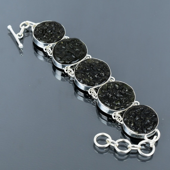 Handmade Moldavite 925 Sterling Silver Bracelet - Adjustable Gemstone Jewelry Handmade Moldavite 925 Sterling Silver Bracelet - Adjustable Gemstone Jewelry