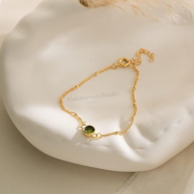 Raw Moldavite Bracelet, Sterling Silver Or Gold Filled Chain