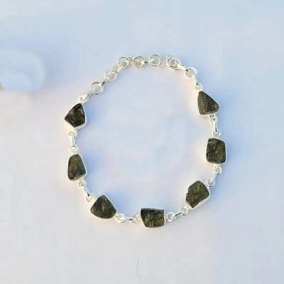 Natural Moldavite 925 Sterling Silver Toggle Bracelet - 7 Inch
