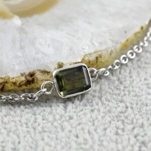 Natural Cut Moldavite Gemstone Tennis Bracelet In Brass, Silver & Gold Trillion Shape Moldavite Bracelet Moldavite  Anniversary Gift For Her