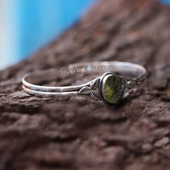 Raw Moldavite Sterling Silver Bangle | Handmade Women's Jewelry
