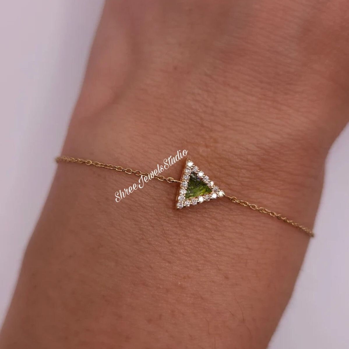 Natural Raw Moldavite Gemstone Bracelet In 925 Silver Gold Trillion Shape, Moldavite Bracelet, Anniversary Gift, Gift For Her