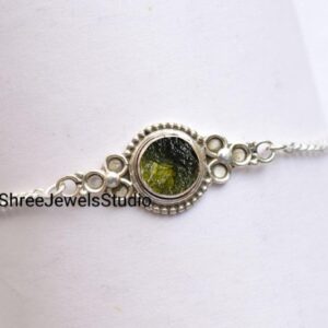 Natural Raw Moldavite Gemstone Bracelet In Sterling Silver Round Shape Moldavite, Bracelet Moldavite, Anniversary Gift, Gift For Her