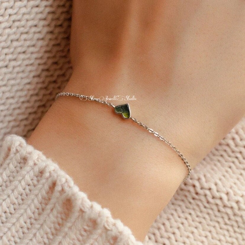 Natural Raw Moldavite Gemstone Bracelet In 925 Silver & Gold Heart Shape Moldavite Bracelet Moldavite Jewelry Anniversary Gift Gift For Her