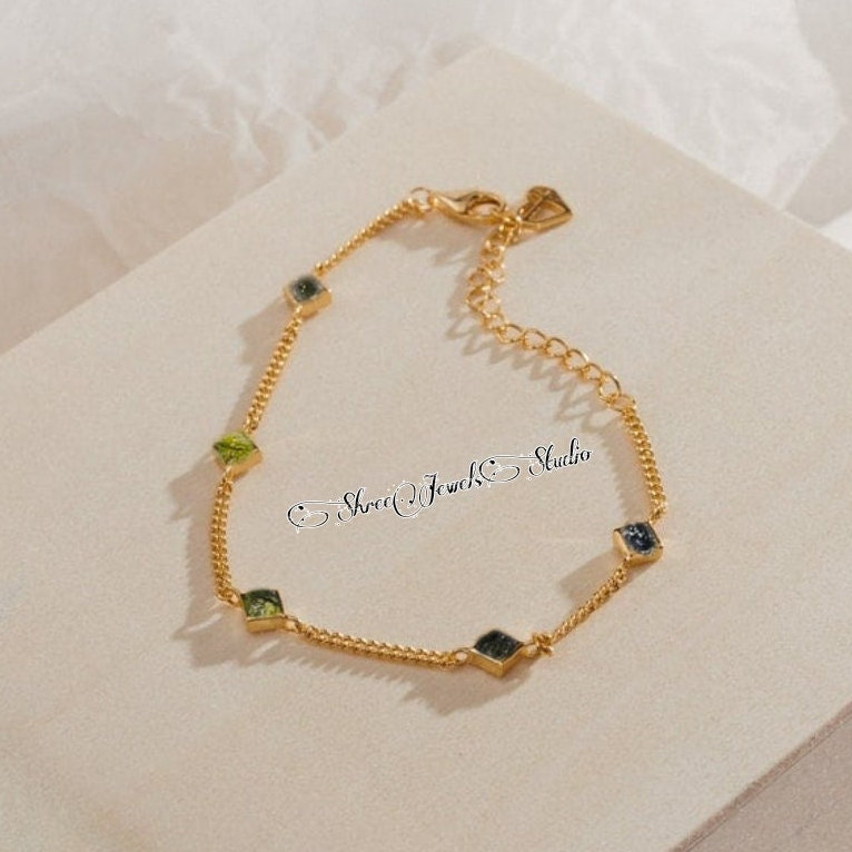 Natural Raw Moldavite Gemstone Bracelet In Sterling Silver, Square Shape Moldavite Bracelet, Anniversary Gift, Gift For Her, Unique Gift