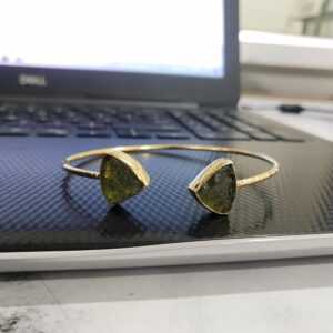 Natural Raw Moldavite Gemstone Bangle In Sterling Silver Trillion Shape Moldavite Bangle Moldavite Jewelry Anniversary Gift, Gift For Her