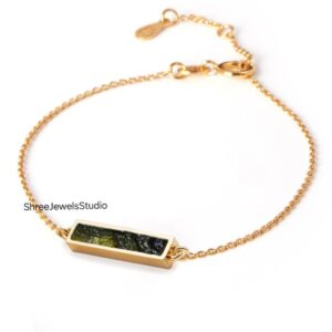 Natural Raw Moldavite Gemstone Bracelet In 925 Silver &Gold | Long Moldavite Bracelet | Moldavite Jewelry | Anniversary Gift | Gift For Her