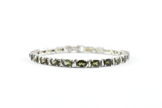 Oval Faceted Moldavite Tennis Bracelet, Sterling Silver, 7.5 Inch