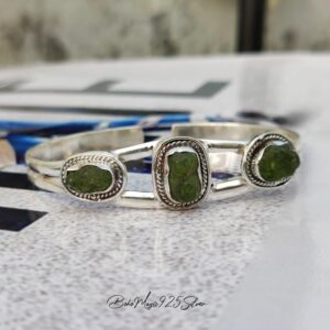 Raw Moldavite Bangle: Handmade 925 Sterling Silver Boho Bracelet