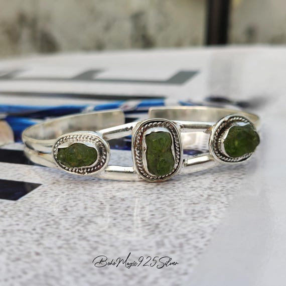 Raw Moldavite Bangle: Handmade 925 Sterling Silver Boho Bracelet