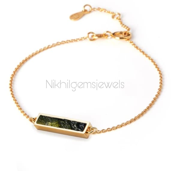 Raw Moldavite Gemstone Bracelet: 925 Silver & Gold Baguette Jewelry