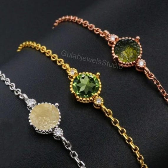 Raw Moldavite Gemstone Bracelet, Sterling Silver Or Gold Filled