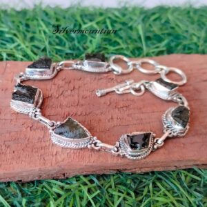 Moldavite Bracelet: Rough Green Gemstone, 925 Sterling Silver, Adjustable