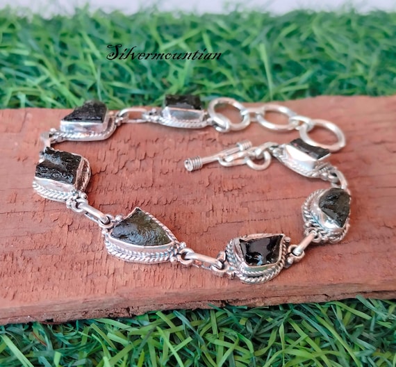 Moldavite Bracelet: Rough Green Gemstone, 925 Sterling Silver, Adjustable