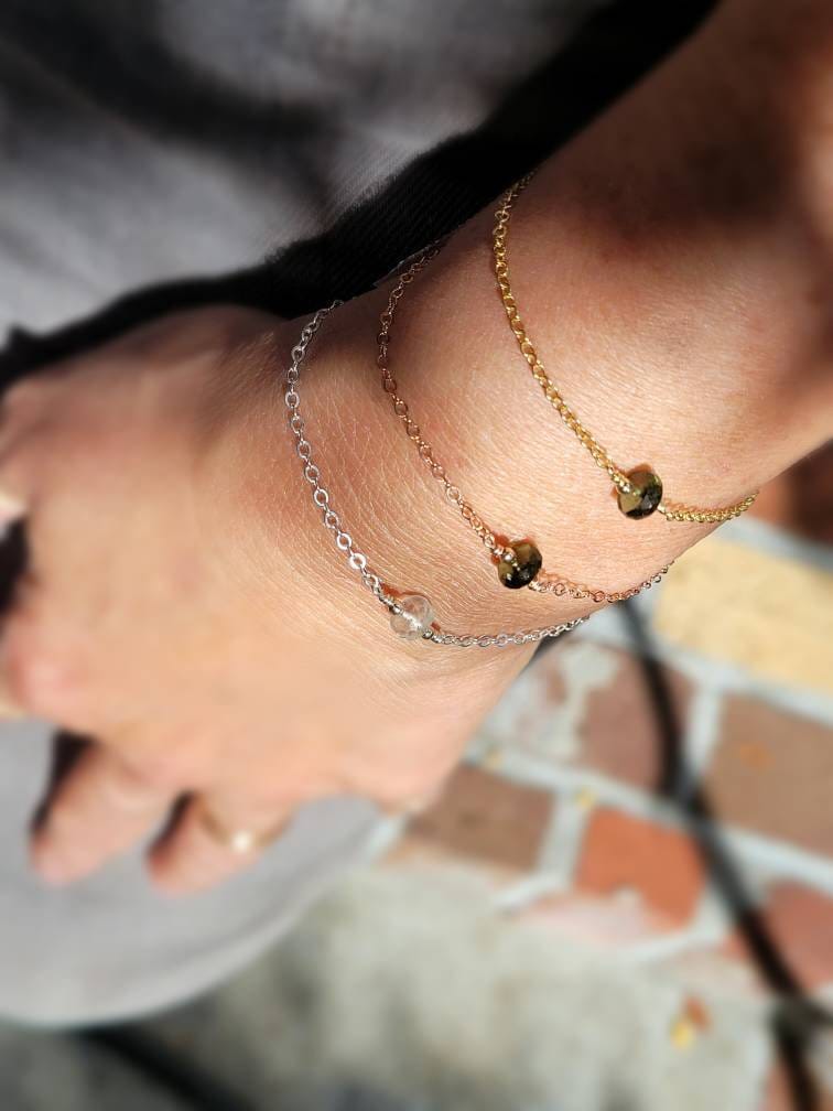 Single Authentic Moldavite Or Libyan Desert Glass 8mm Bracelet. Gold, Rose Gold Or Sterling Silver Available.