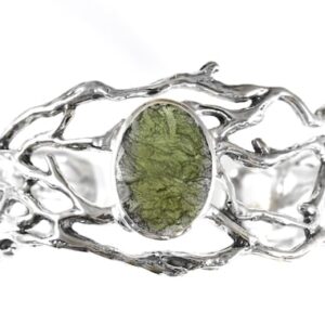 Moldavite Bracelet, Sterling Silver Cuff, Raw Crystal Jewelry, Green Stone Bracelet, Branch Design