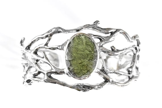 Moldavite Bracelet, Sterling Silver Cuff, Raw Crystal Jewelry, Green Stone Bracelet, Branch Design