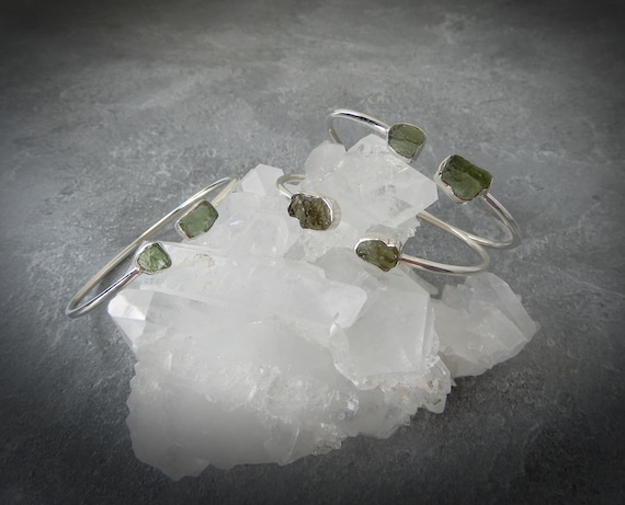 Moldavite Bracelet Sterling Silver • Moldavite Two Stone Bangle • Genuine Authentic Raw Moldavite • Authentic Meteorite • Holiday Gift