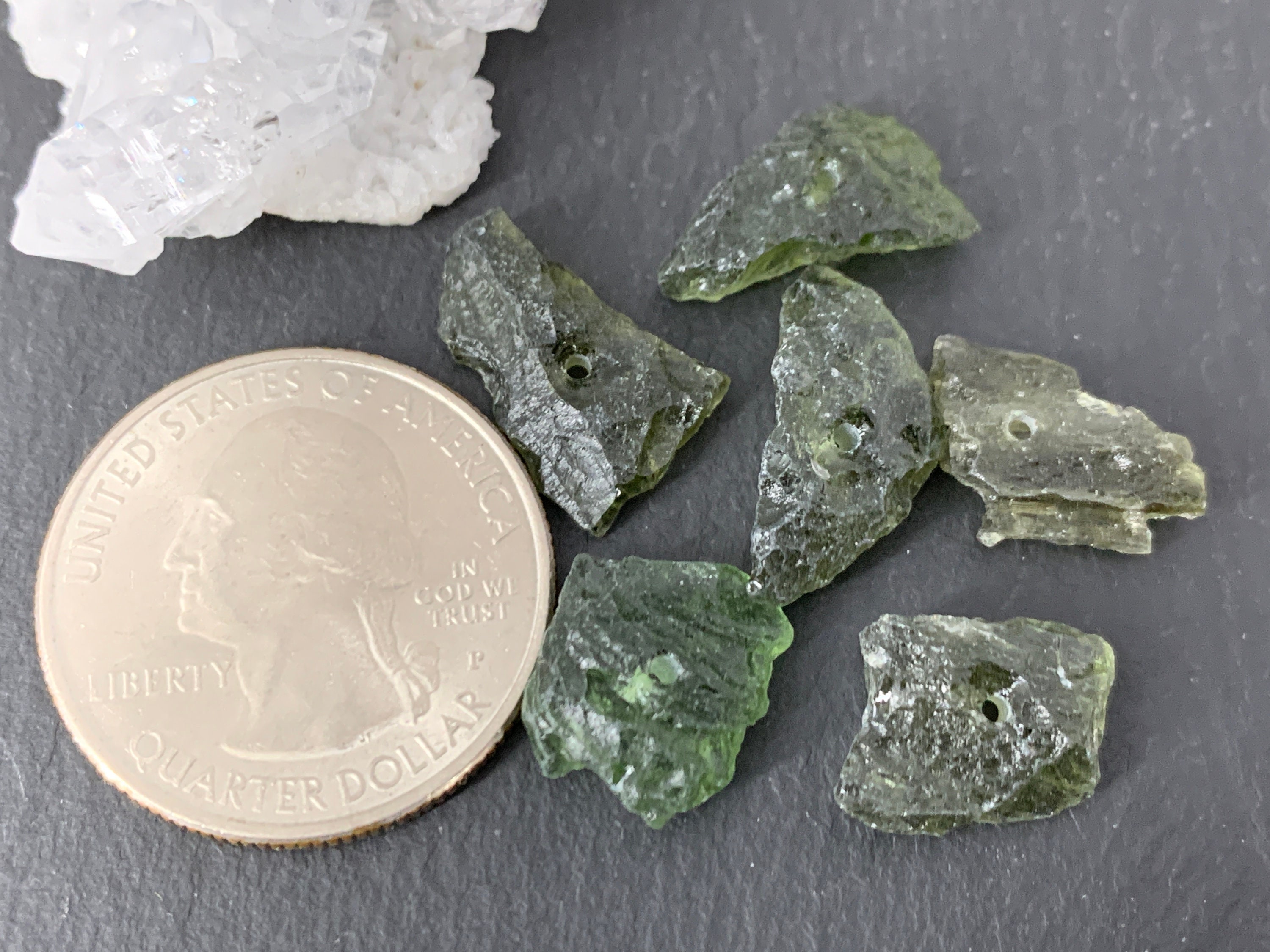 Moldavite Beads: Natural Rough Green Tektite (lot Of 6)