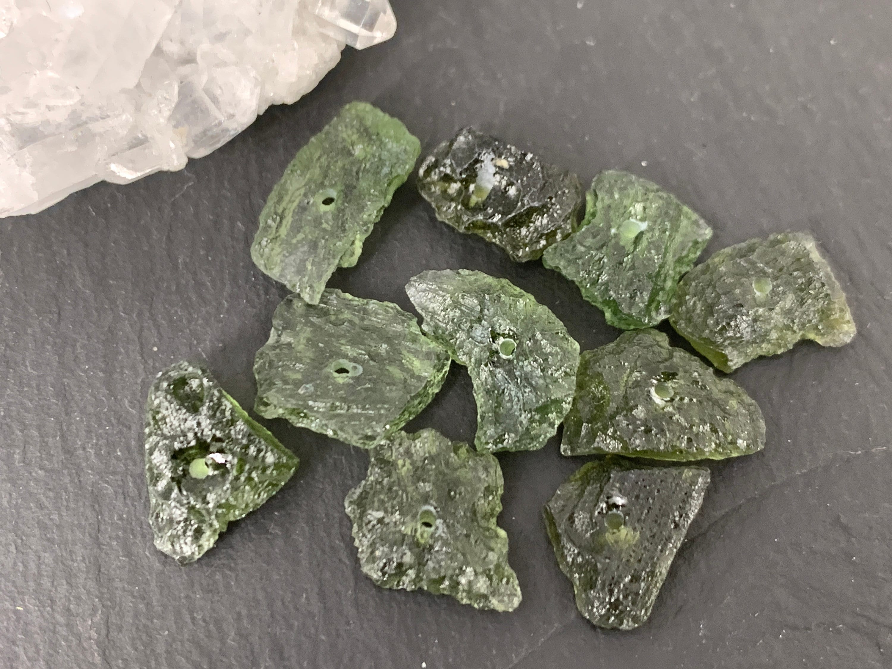 Moldavite Beads: Natural Rough Stones (lot Of 10, Drilled) Moldavite Beads: Natural Rough Stones (lot Of 10, Drilled)