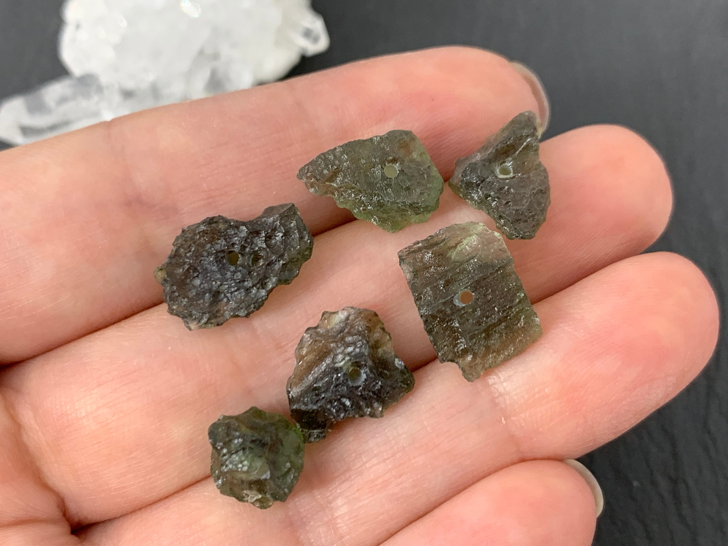 Moldavite Beads: Raw Olive Green Tektite (lot Of 6, Drilled) Moldavite Beads: Raw Olive Green Tektite (lot Of 6, Drilled)